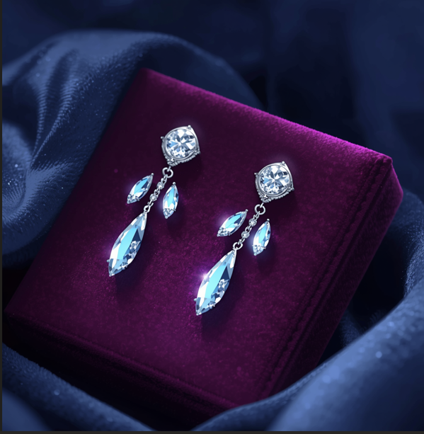 Estilizado Par de elegantes pendientes colgantes de color plata presentados sobre una tela de terciopelo de color borgoña y de fondo una textura de color azul petróleo