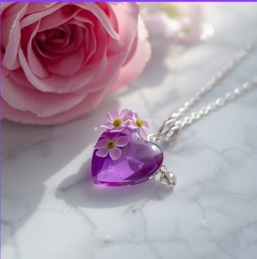 Estilizado Collar con colgante en forma de corazón morado sobre una superficie de mármol color blanco, de fondo una rosa adornando.