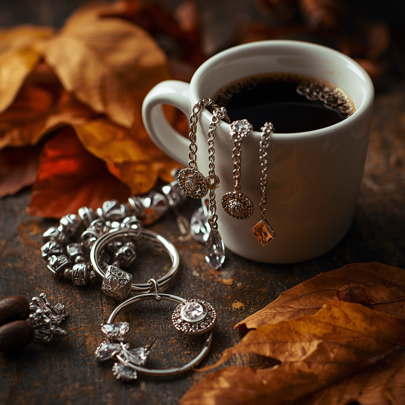 joyas plateadas elegantes con piedras brillantes junto a una taza de café y hojas secas de otoño.