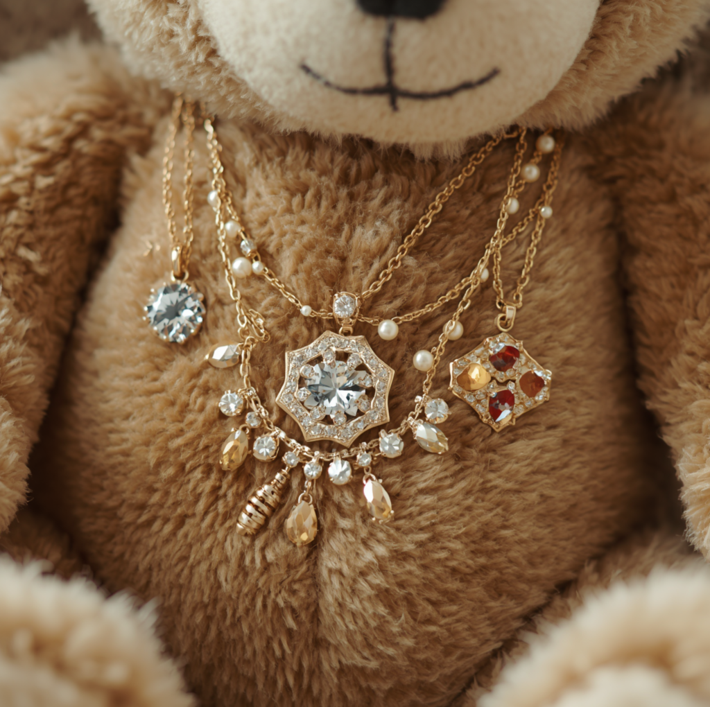 Historia Collares de oro con piedras grandes como diamantes sobre un oso de peluche