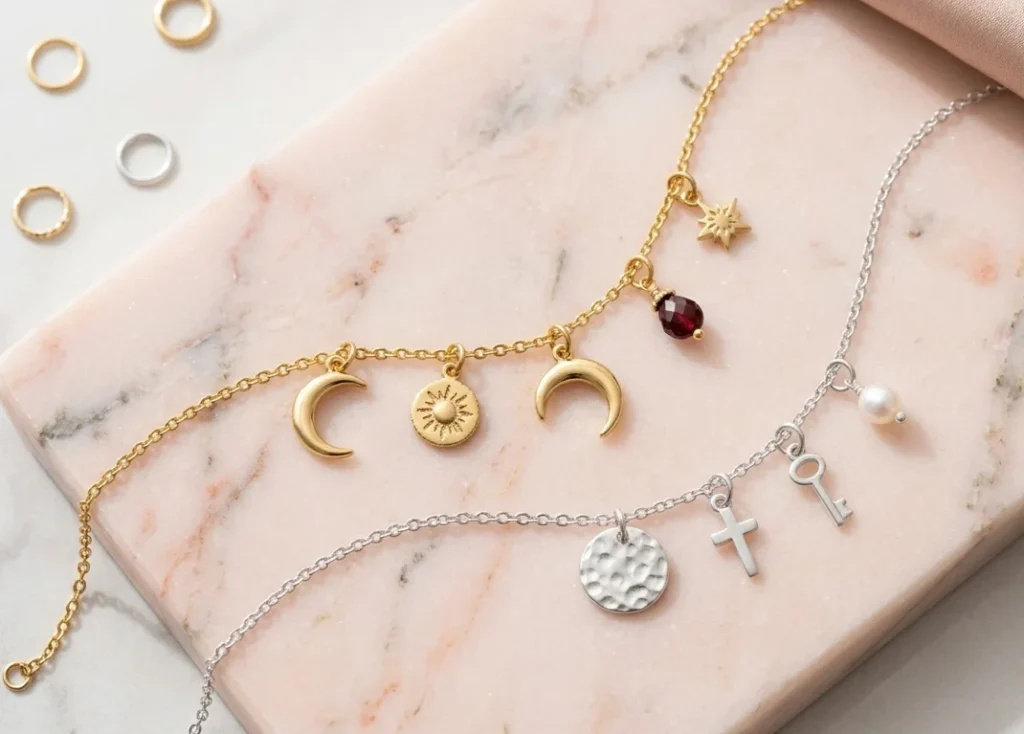 Joyería Pulseras y anillos de oro y plata con dijes de luna, sol, estrella, cruz, llave y perla sobre superficie de mármol