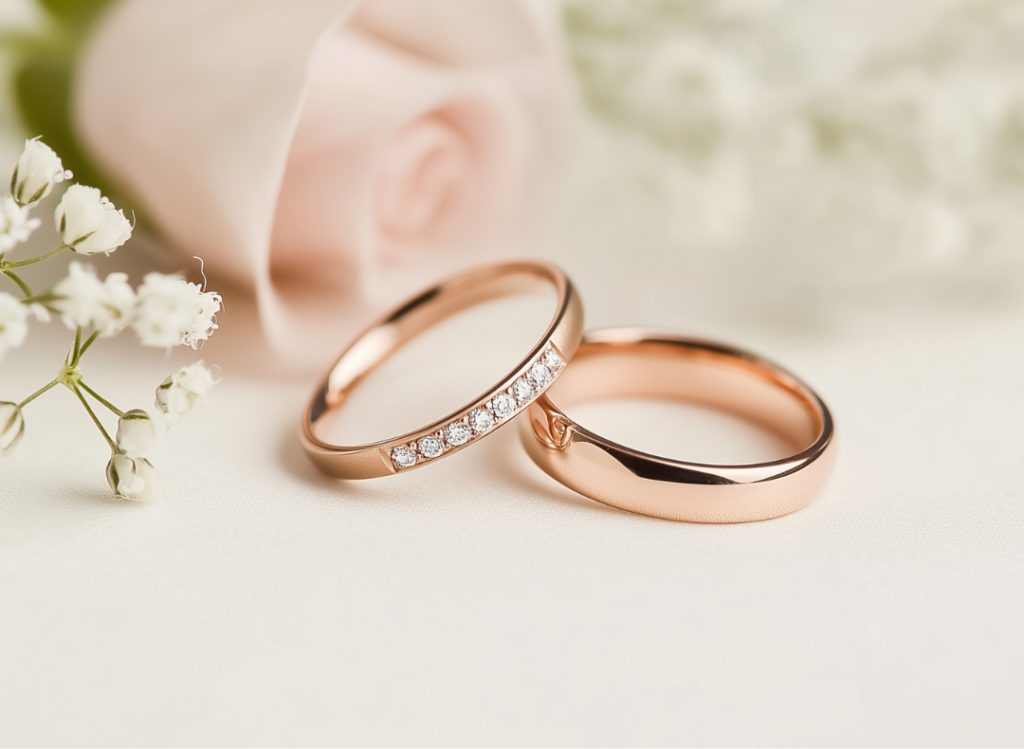 Historia Anillo de oro rosado con diamantes pequeños a su alrededor y anillo de oro rosado con un diseño liso